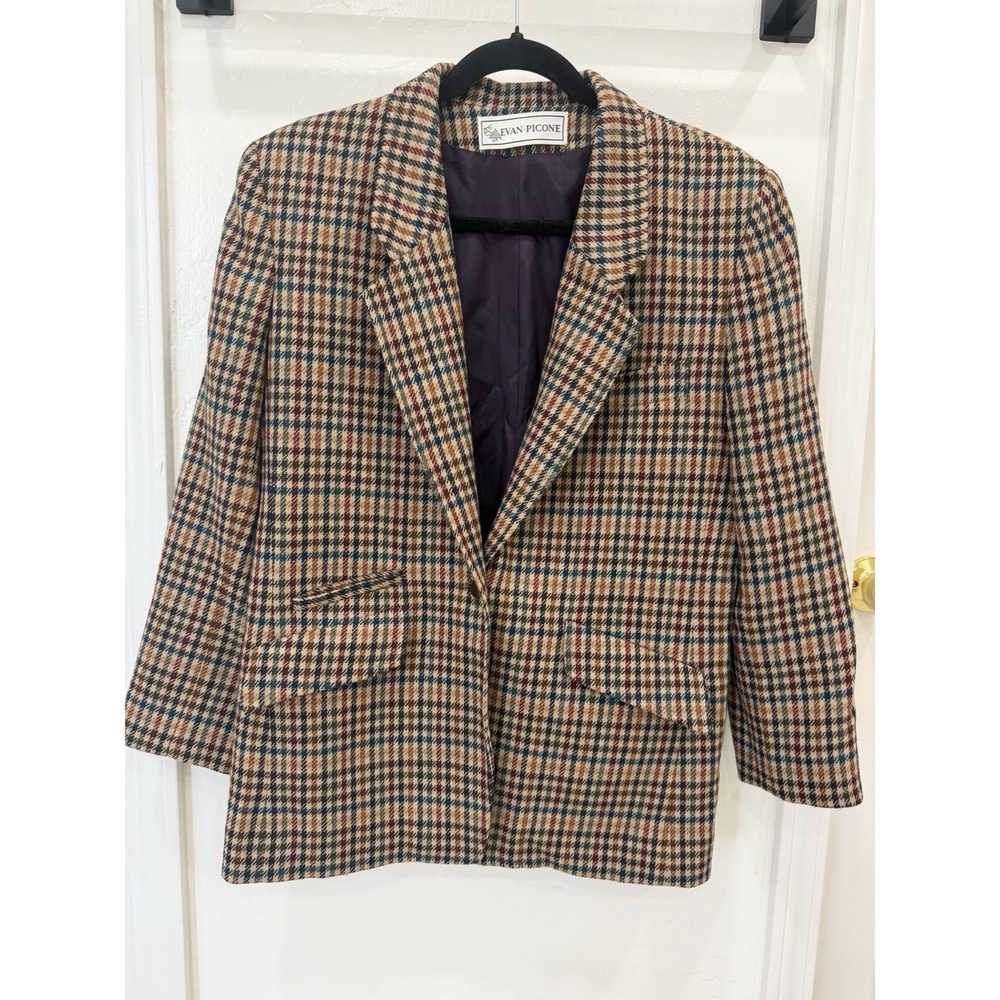 Vintage Evan Picone Blazer Women's Plaid Wool Suede Elbow  English Equestrian 8